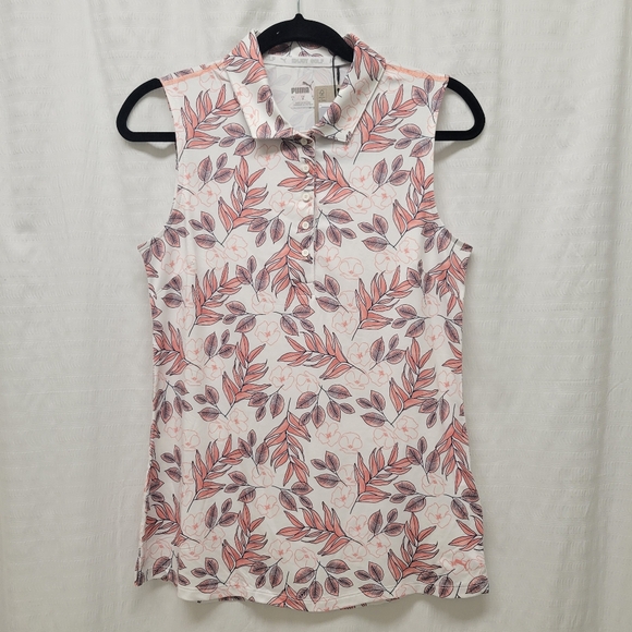 PUMA CLOUDSPUN FLORA SLEEVELESS POLO – WOMENS – BRIGHT WHITE/CARNATION PINK SM - Picture 3 of 9